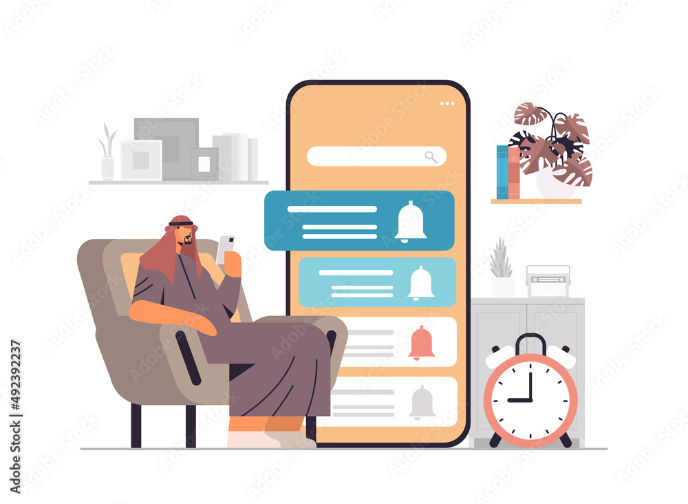 Poster man programming time reminder alarm on smartphone screen office day planner notification schedule ap