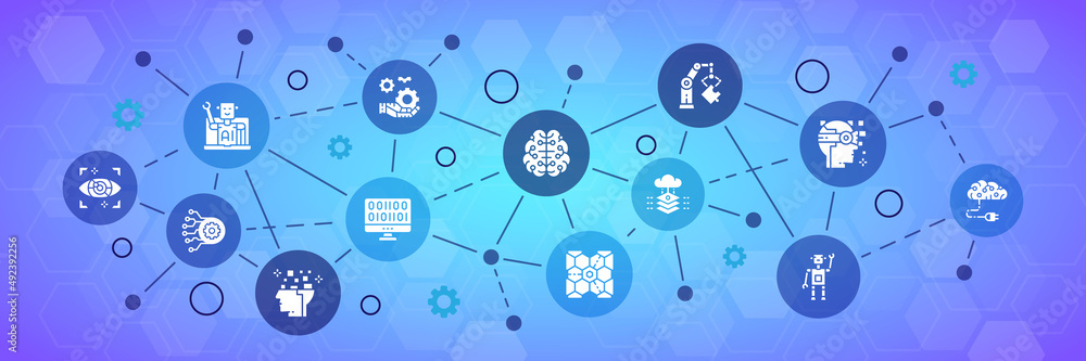 Poster artificial intelligence infographic icons banner. robotics, chatbot, database, big data modern vecto