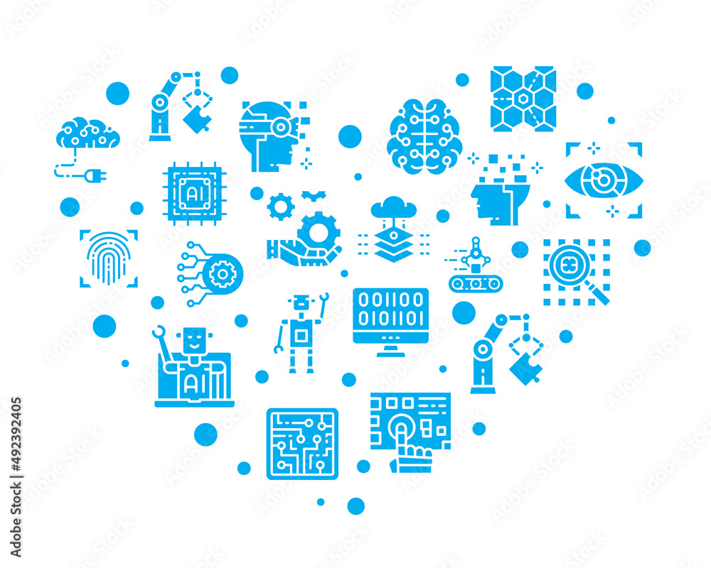 Aufkleber artificial intelligence colored icons set in a heart shape. robotics, chatbot, database, big data ba