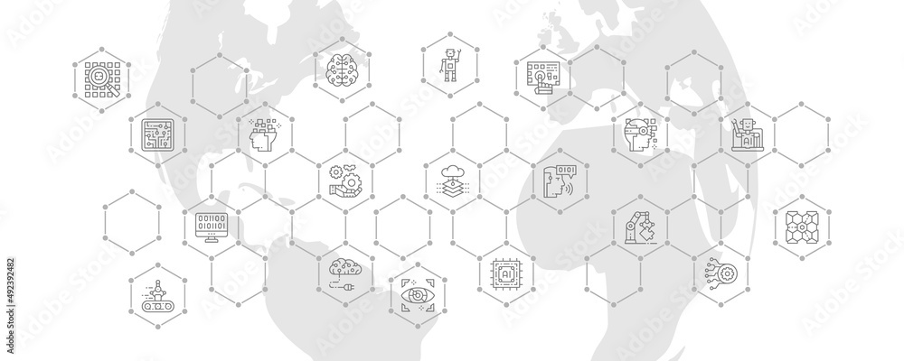 Poster artificial intelligence outline icons banner. robotics, chatbot, database, big data promotion line i