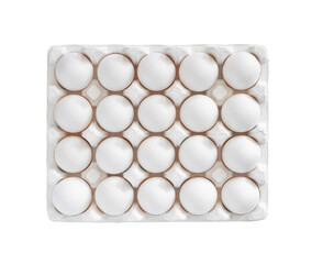 Many fresh raw chicken eggs in cartons as background, top view.