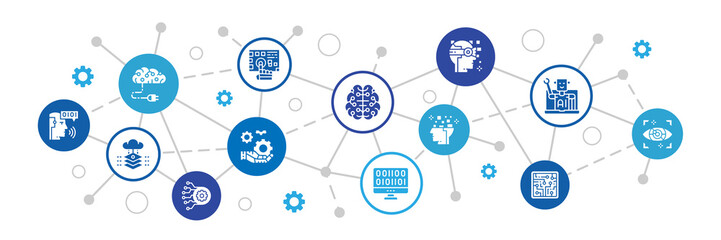 Artificial Intelligence concept web icons banner. Robotics, Chatbot, Database, Big Data flat illustration