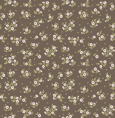 Vintage floral background. Floral pattern with small white flowers on a gray brown background. Seamless pattern for design and fashion prints. Ditsy style. Stock vector illustration.