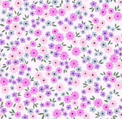 Vector seamless pattern. Pretty pattern in small flowers. Small pastel lilac and pink flowers. White background. Ditsy floral background. The elegant the template for fashion prints. Stock vector.