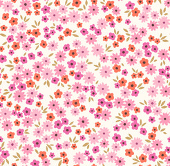 Beautiful floral pattern in small abstract flowers. Small pink and orange flowers. White background. Ditsy print. Floral seamless background. The elegant the template for fashion prints. Stock.