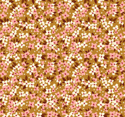 Beautiful floral pattern in small abstract flowers. Small pink and white flowers. Gold yellow background. Ditsy print. Floral seamless background. The elegant the template for fashion prints. Stock.
