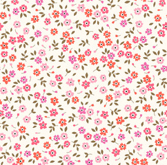 Beautiful floral pattern in small abstract flowers. Small pink flowers. White background. Ditsy print. Floral seamless background. The elegant the template for fashion prints. Stock pattern.