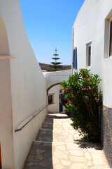 One of the charms of the Greek islands of the Cyclades (here, the island of Tinos), in the heart of the Aegean Sea, are the narrow streets: white houses, small flowered balconies and cobbled stairs