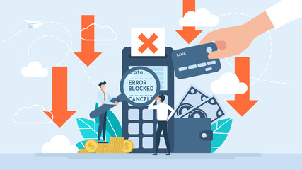 Ban on the use of currency. Cancellation of financial transactions. Metaphor of crisis, default. Terminal with receipt. Tiny characters making purchases using a credit cards. Vector flat illustration