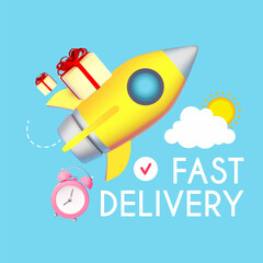 Fast delivery concept with speed rocket and boxes with bow isolated on blue background.