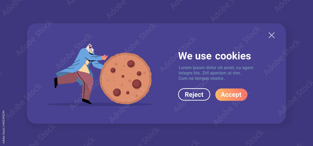 Poster man rolling cookie protection of personal information internet web pop up we use cookies policy noti