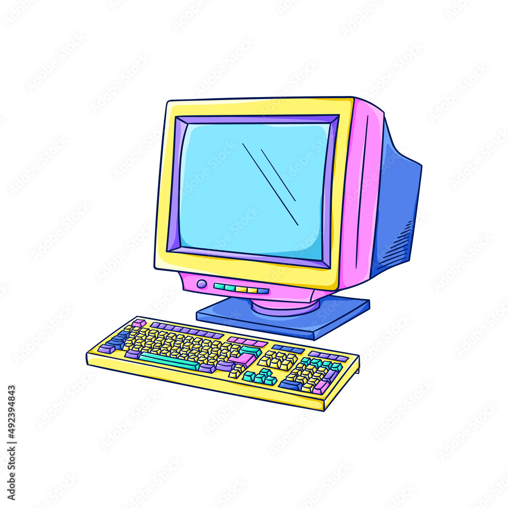 Poster computer illustration. retro home computer. personal computer with keyboard. 90s style vector. 1990s