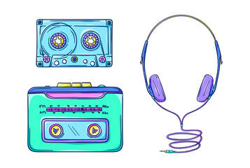 Personal cassette player illustration. Retro portable cassette player with headphones and cassette. Music player. 90s style vector. 1990s technology. Nostalgia for the 90s.