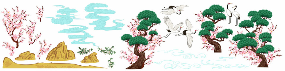 Set of Chinese painting elements, vector pine trees and plum blossom, bamboo bushes, clouds and cranes - obrazy, fototapety, plakaty