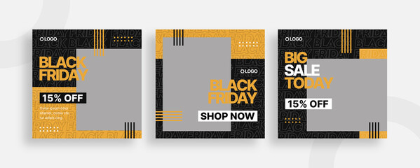 Set of editable templates for Instagram post, Facebook square frame, Black Friday, social media, advertisement, and business promotion, fresh design with black yellow color and minimalist vector (1/3)