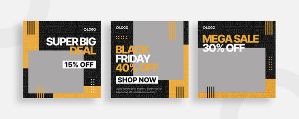 Set of editable templates for Instagram post, Facebook square frame, Black Friday, social media, advertisement, and business promotion, fresh design with black yellow color and minimalist vector (2/3)