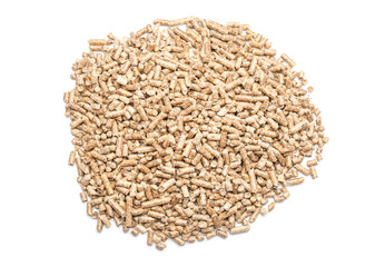 Pile of wood pellets on white background