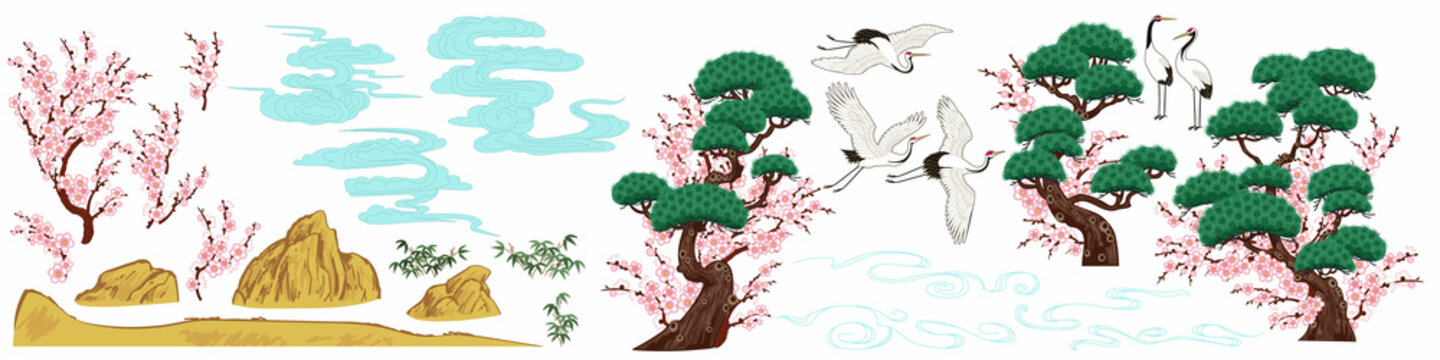 Set of Chinese painting elements, vector pine trees and plum blossom, bamboo bushes, clouds and cranes