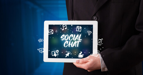 Person holding tablet, social network concept