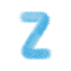 Feathered letter Z font vector. Easy editable letters. Soft and realistic feathers. Blue, fluffy, hairy letter Z, isolated on white background.