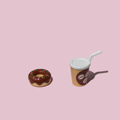 Coffee and donut on pastel light pink background. Minimalistic coffee break composition with copy space.