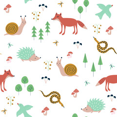 Cute animals seamless pattern. Cartoon fox, snail, hedgehog, snake and bird. Funny animals in the forest.Baby vector print. Scandinavian design.