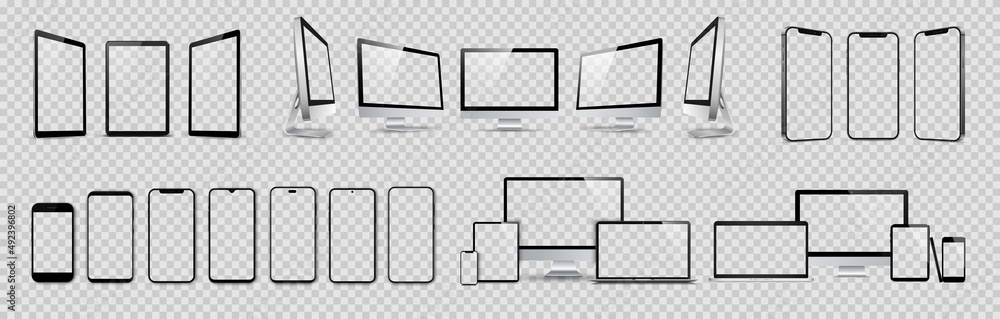 Poster set mockups of technology devices with empty display, device screen mockup collection, big realistic