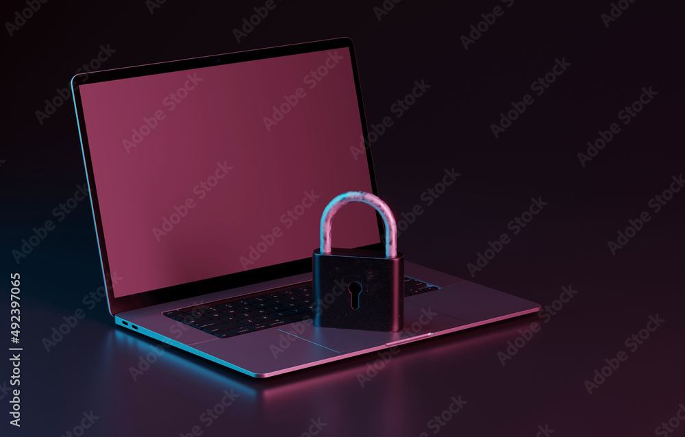 Poster padlock on the laptop. concept of security and securing your laptop and computer against cyber attac