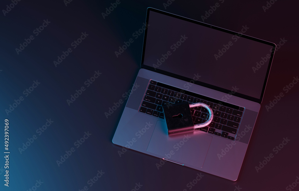 Poster padlock on the laptop. concept of security and securing your laptop and computer against cyber attac