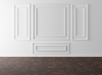 Classic wall, empty interior with wall panels and a wood, reflective floor. Modern minimalist interior with panels on the wall. 3D render, 3D illustration.