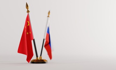 Flag of China and Russia. Concept of diplomatic relations, talks between heads of states. Concept of peace talks and diplomatic relations. 3D render, 3D illustration.