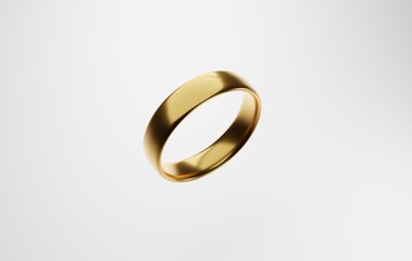 Gold wedding rings on a light background. Concept of buying gold, golden wedding rings. Engagement, getting married. 3D render, 3D illustration.