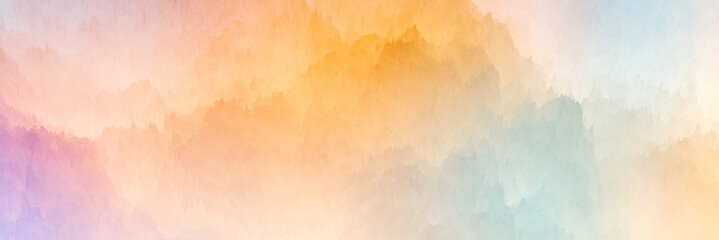 Pastel colorful orange and blue panoramic abstract cloudy misty sunrise or sunset mountains silhouette landscape delicate background with soft gradient spring colors texture