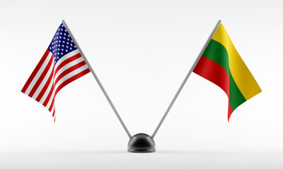 Stand with two national flags. Flags of USA and Lithuania. Isolated on a white background. 3d render