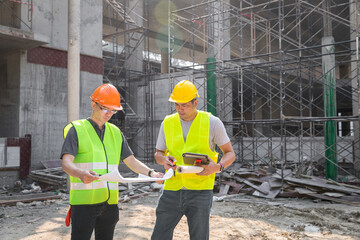 Confident team of architect working together in building construction site. They discussing about new startup project. Architect discuss with engineer about project . Architectural concept.