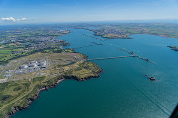 Aerial Views of Pembroke Dock and And Oil and Gas terminals at Milford Haven, Wales, UK