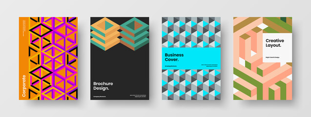 Fototapeta premium Simple geometric hexagons company brochure illustration bundle. Original postcard A4 design vector template set.