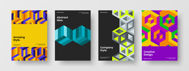 Multicolored company cover A4 design vector illustration composition. Premium geometric tiles front page template bundle.