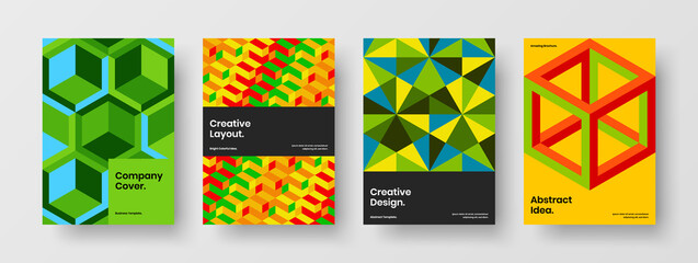 Obraz premium Vivid placard A4 design vector illustration set. Minimalistic geometric tiles postcard concept bundle.