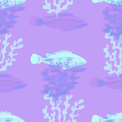 Ultraviolet iridescent fish pattern background. Modern digital lavender peri purple under the sea fishes texture. Tropical calm coastal wellness all over print.