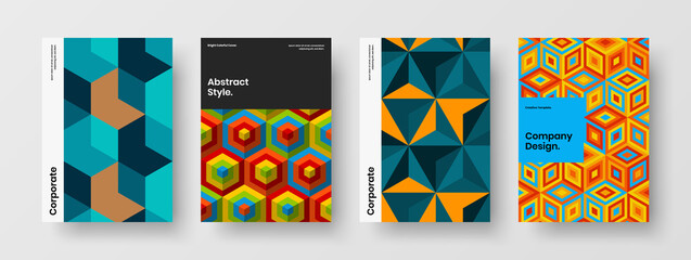 Bright mosaic tiles corporate cover illustration bundle. Abstract poster design vector template composition.