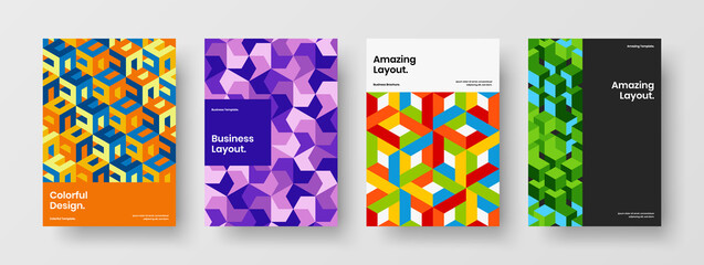Obraz premium Bright company identity A4 vector design layout composition. Amazing geometric hexagons booklet illustration bundle.