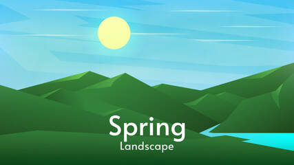 Spring mountains with river. Vector illustration, flat style. Beautiful blue sky with clouds and sun. Design for wallpaper, tourist card, banner. 