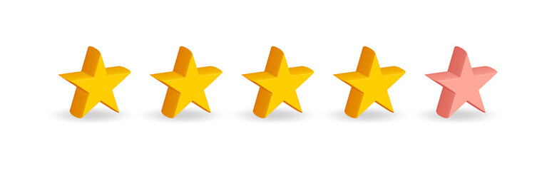 Obraz premium Five stars, glossy yellow and pink colors. Realistic 3d design of the object. For mobile apps. Customer rating feedback concept from customer about employee of website. Vector illustration.