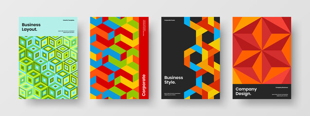 Premium corporate brochure design vector illustration set. Trendy mosaic tiles placard concept bundle.