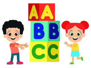 Adorable children show colourful abc letter boxes