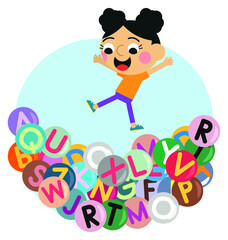 Cute girl jumping into letters