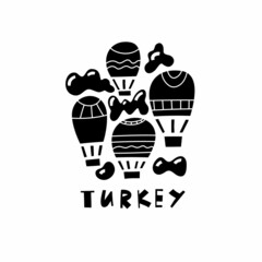 Vector hand drawn symbol of Turkey Cappadocia. Travel illustration of Republic of Turkey signs. Hand drawn lettering illustration. Turkish  landmark logo