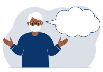 Grandfather with medical mask and blank thoughts, speech bubble. Hands are spread apart. Place for your text.