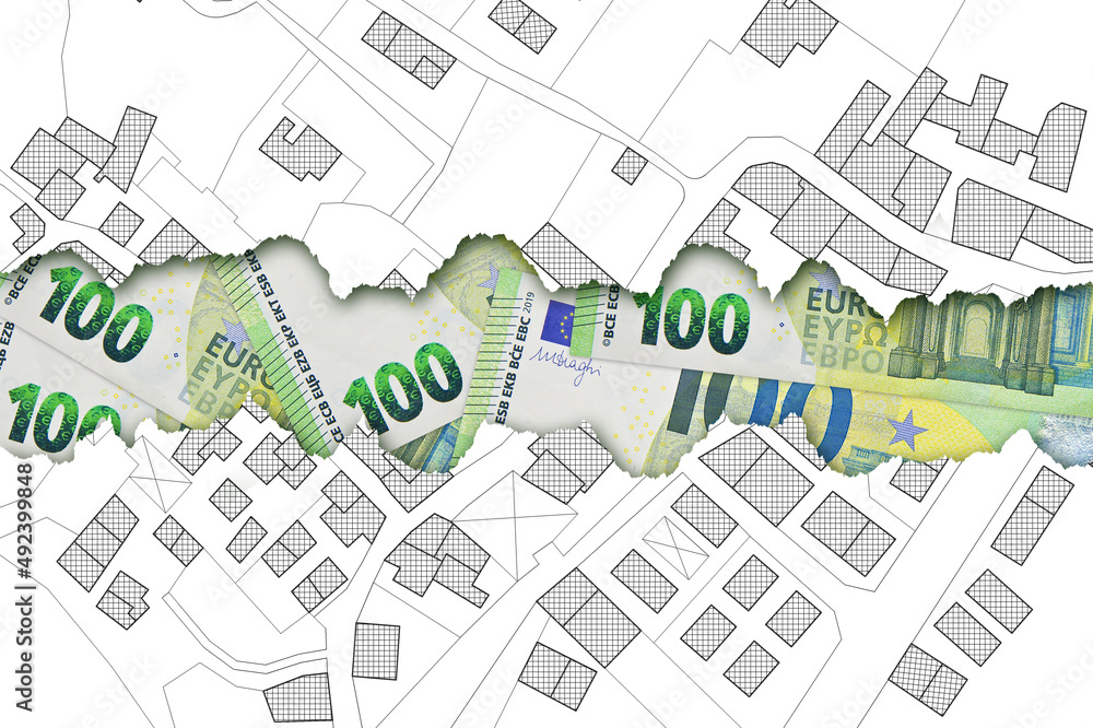 Poster land registry fees in european union - concept with an imaginary cadastral map of territory with bui